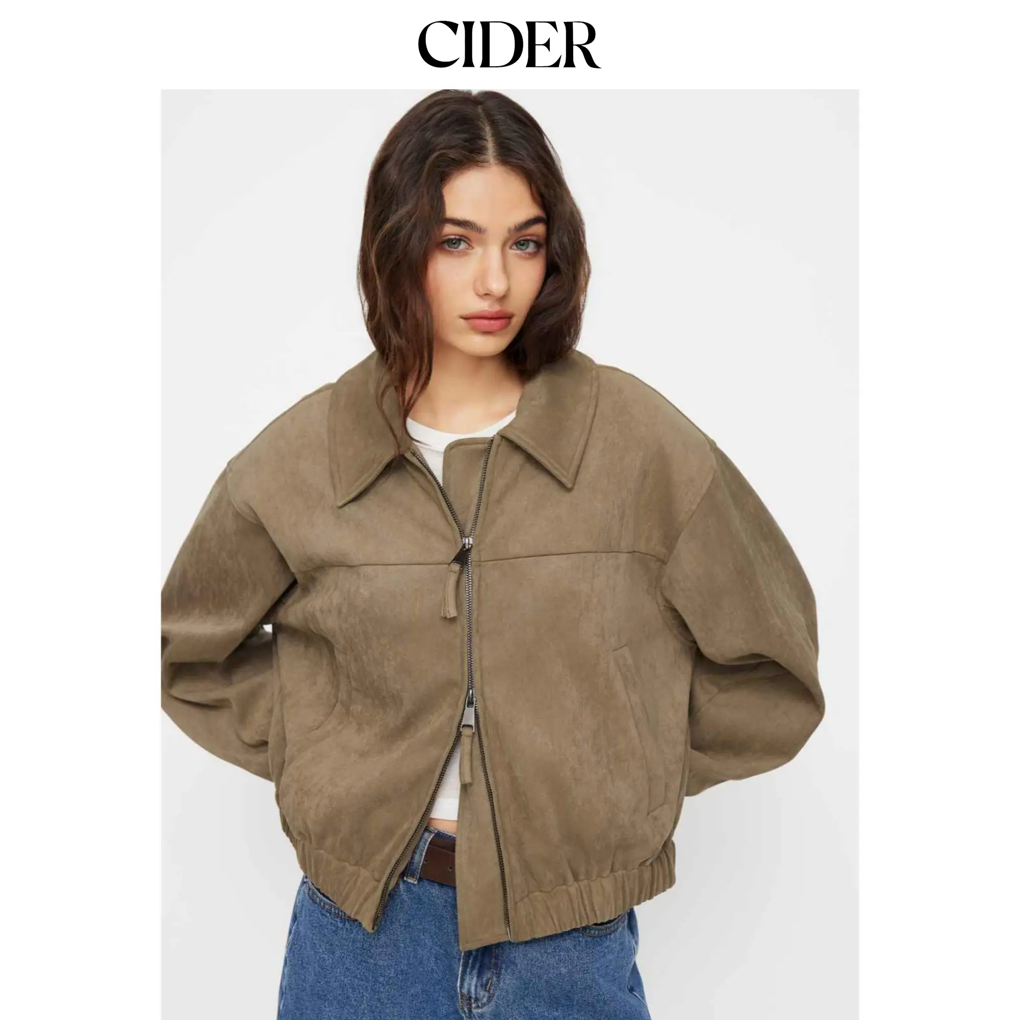 Cider Suede Collar Zip Through Oversized Jacket SummerFinds