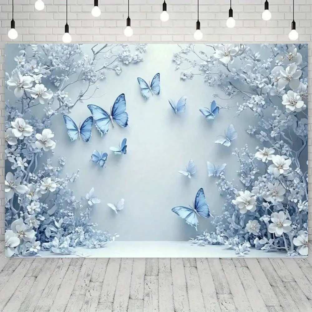 1pc Elegant Floral Butterfly Photography Backdrop | Polyester Party Banner With White Flowers & Blue Butterflies, Perfect For Graduations, Birthdays, And Events, Butterfly Decoration
