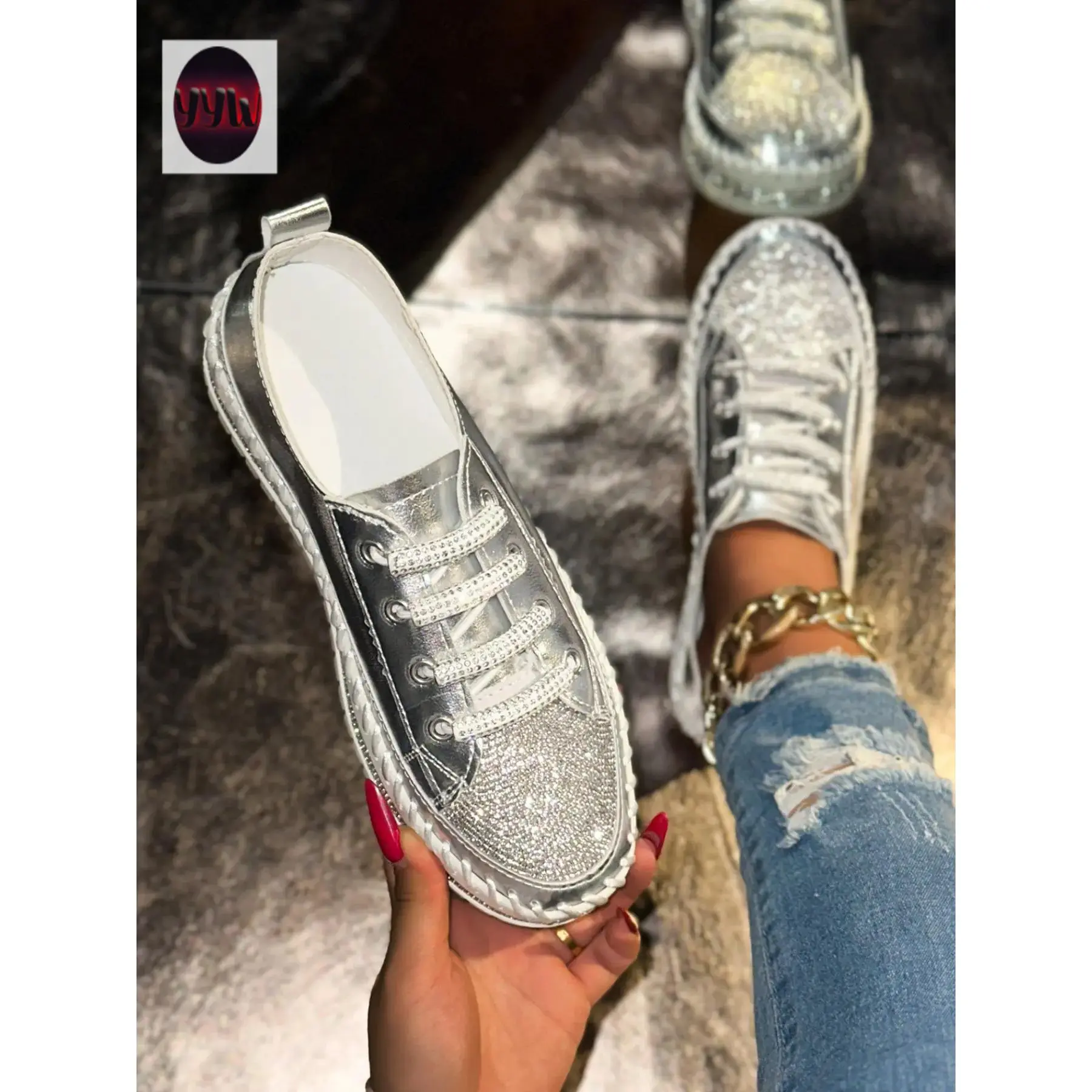 YYW1 Shiny Silver Color Sequins Casual Shoes Footwear Women, Lace-Up Chunky Sole Canvas Sneakers, Perfect Dating and Shopping, Walking Shoes