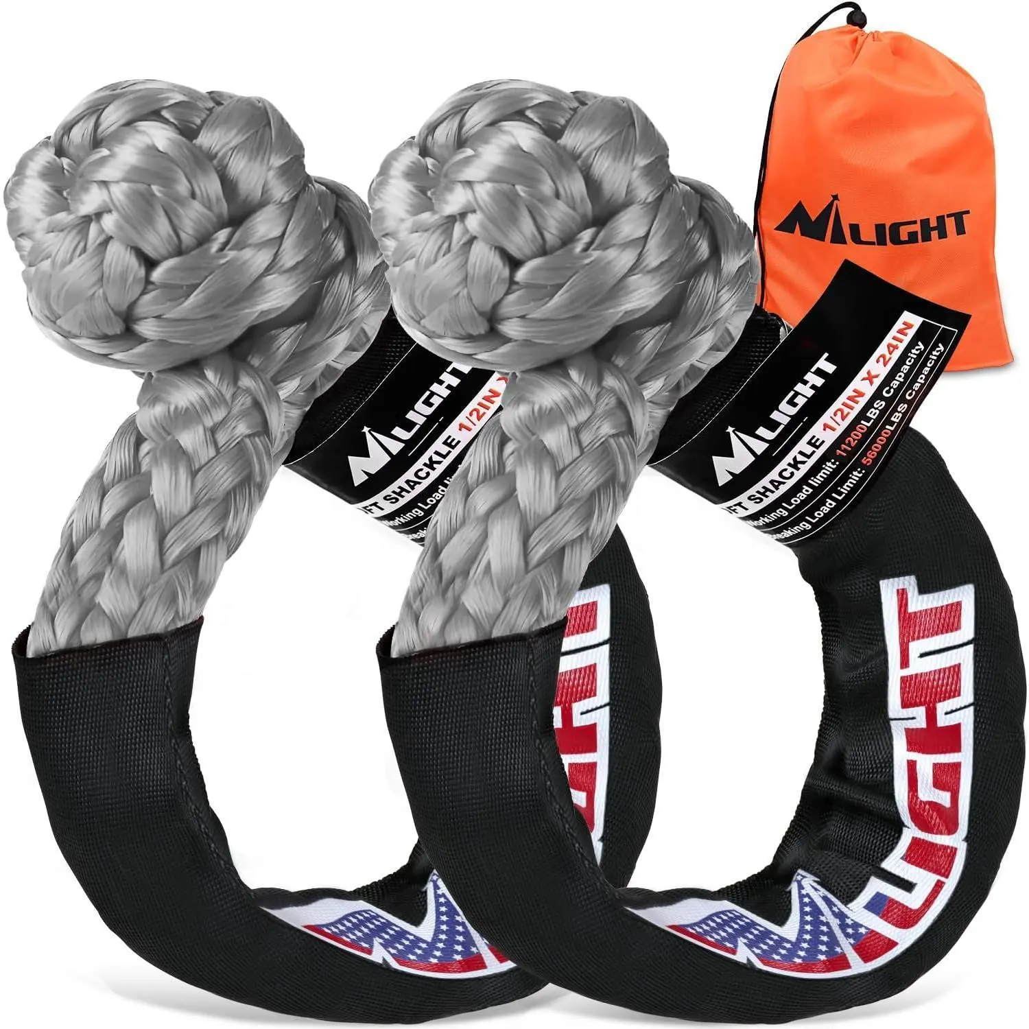 Nilight 2PCS Heavy-Duty Synthetic Soft Shackles, 1/2 Inch x 24 Inch, 56000 LBS Breaking Strength with Extra Sleeves, High Safety Load Secure Tool-Free Multi-Vehicle Rope for Off-Road Towing (Gray)
