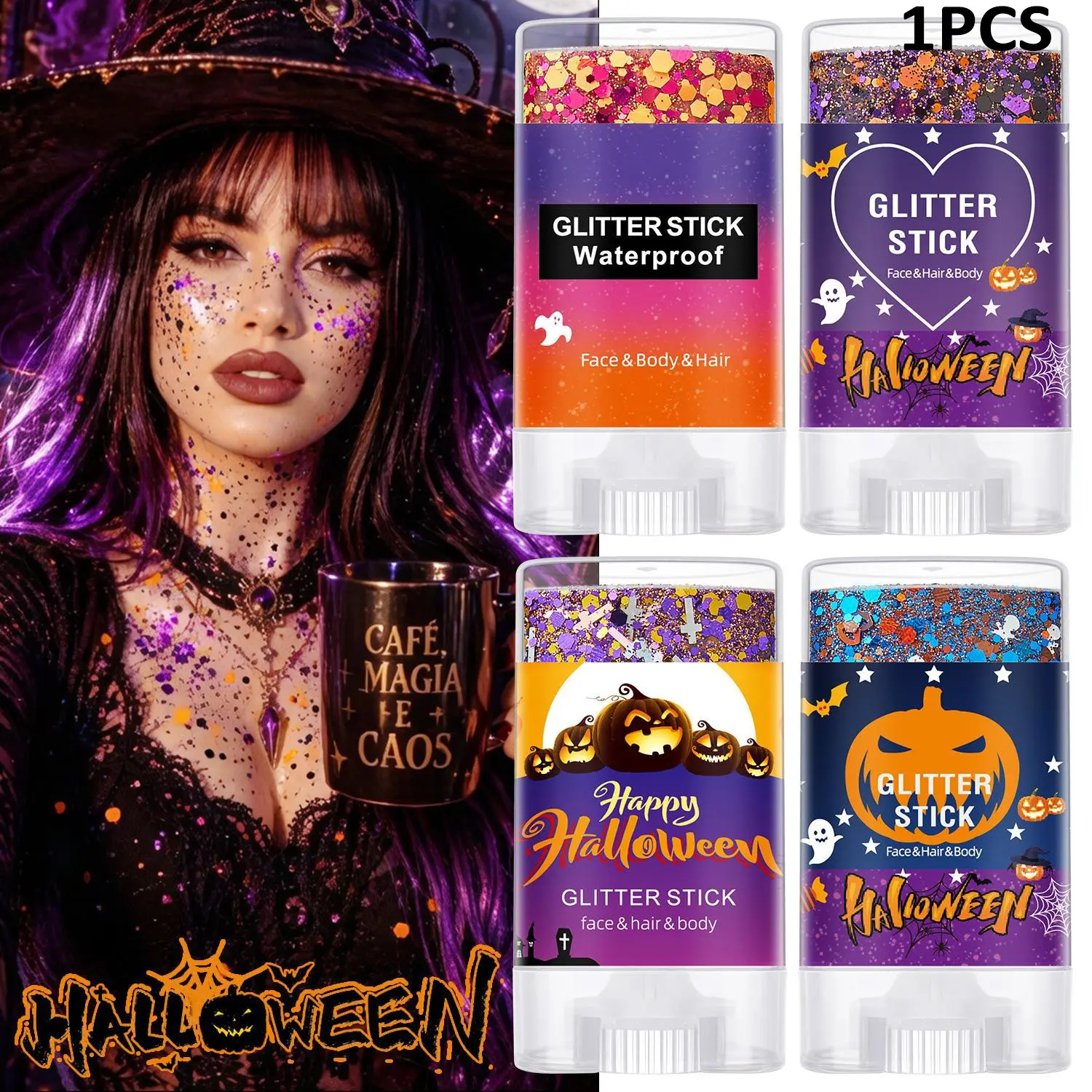 Halloween Glitter Stick Waterproof Shimmer Sequins Gel, Pumpkin Ghost Spider Design Portable Twist-up Cosmetic Glitter Multi-use Shimmer Glitter for Face Hair Body Witch Costume Party Halloween Cosplay Festival Party Makeup