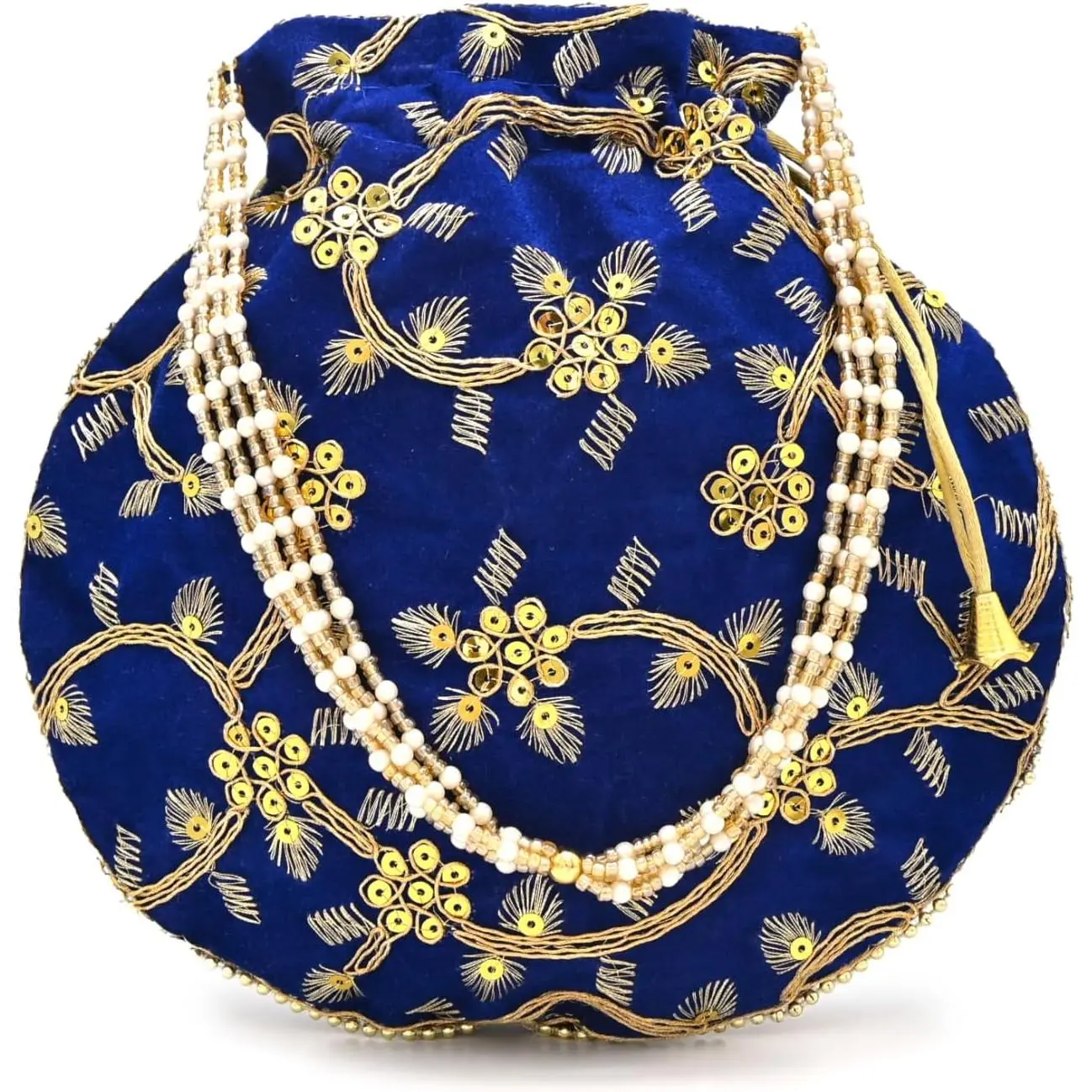 Ethnic Potli Purse for Women, Green Drawstring Clutch with Golden Border Embroidery & Beaded Handle for Wedding Party, Drawstring Wrap, Ethnic Clutch