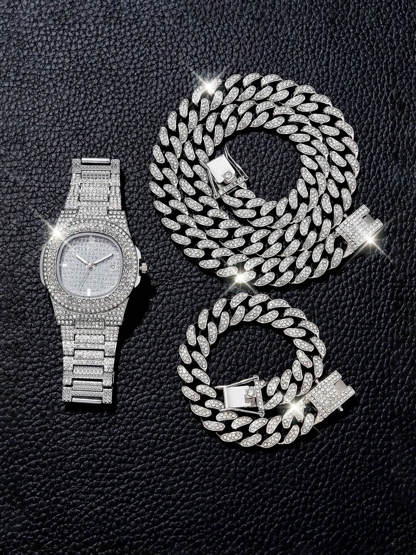 3-piece quartz watch set, fashionable and luxurious with diamond inlaid quartz watch, business temperament, large dial, men's watch set