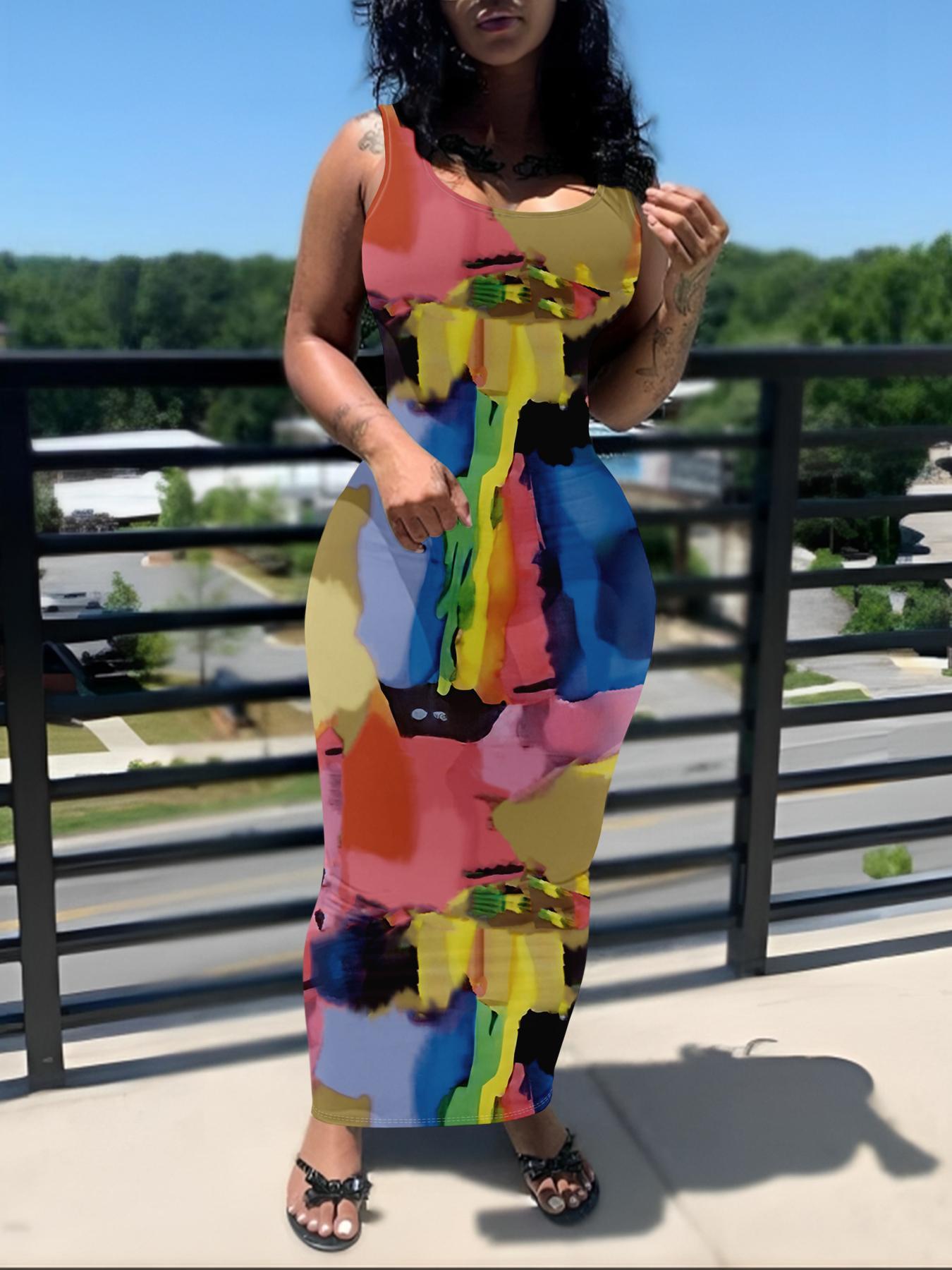 Women's All Over Print U Neck Bodycon Dress, Casual Sleeveless Long Dress for Summer, Ladies Clothes for Daily Wear