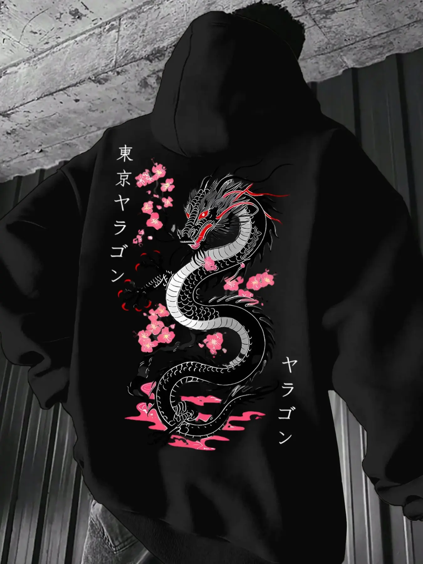 Men's Cherry Blossom Dragon Print Fleece Hoodie, Unisex Casual Loose-Fit Sweatshirt, Trendy Fall & Winter Daily Wear Top