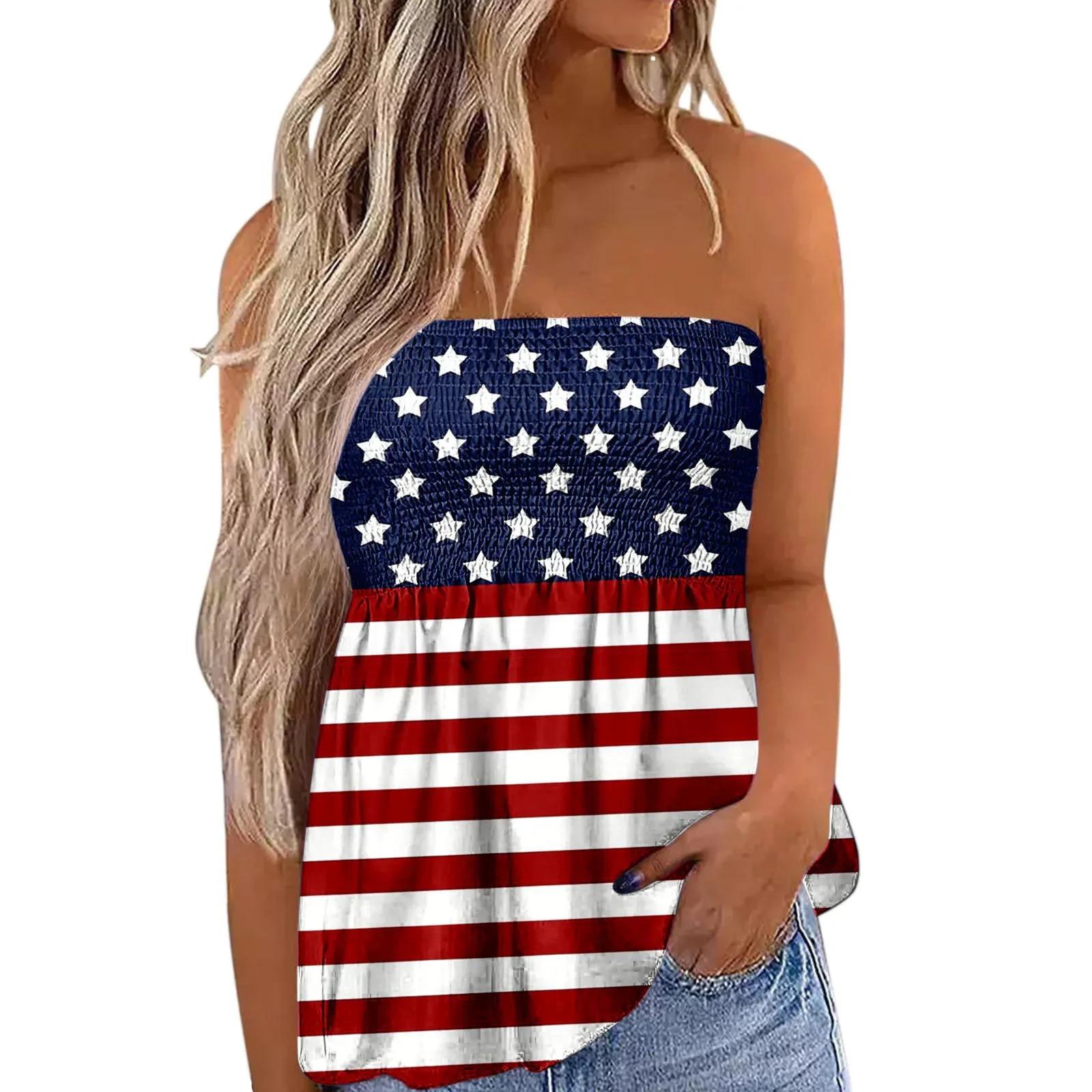 2025 New Women's Fashion Clothing Independence Day Printed Tube Top T-shirt for Women Flowy Strapless Tube Top Blouse