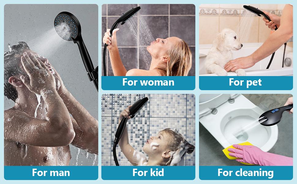 7-Mode High Pressure Shower Head & Handheld Combo – Removable Black, Cleans Tiles, Bathtubs & Pets Easily, Boosts Water Pressure, with Hose