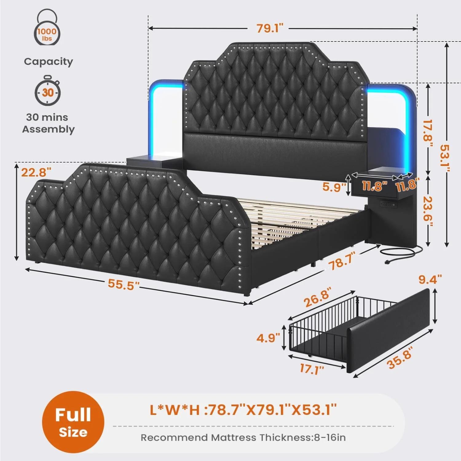 Sikaic PU Leather Upholstered Led Bed Frame with Storage Drawers Outlets & Nightstands Black Modern Wooden Headboard Diamond Tufted Headboard
