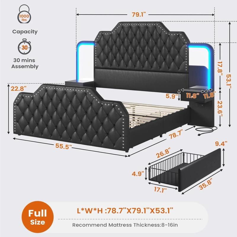 Sikaic PU Leather Upholstered Led Bed Frame with Storage Drawers Outlets & Nightstands Black Modern Wooden Headboard Diamond Tufted Headboard