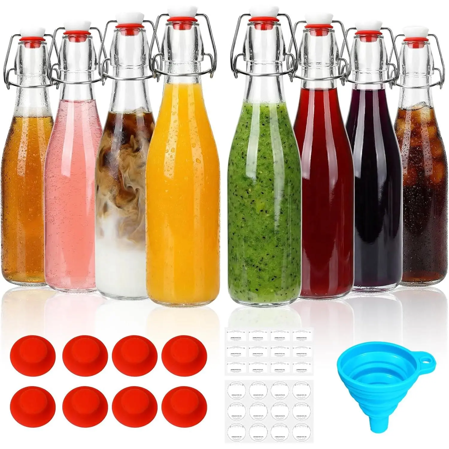 8 Pack 12oz Glass Swing Top Bottles with Airtight  | Grolsch Style Flip Top Caps & Rubber Seals for  Brewing , Kombucha, Kefir, Iced , Juice, Oil & Vinegar Storage