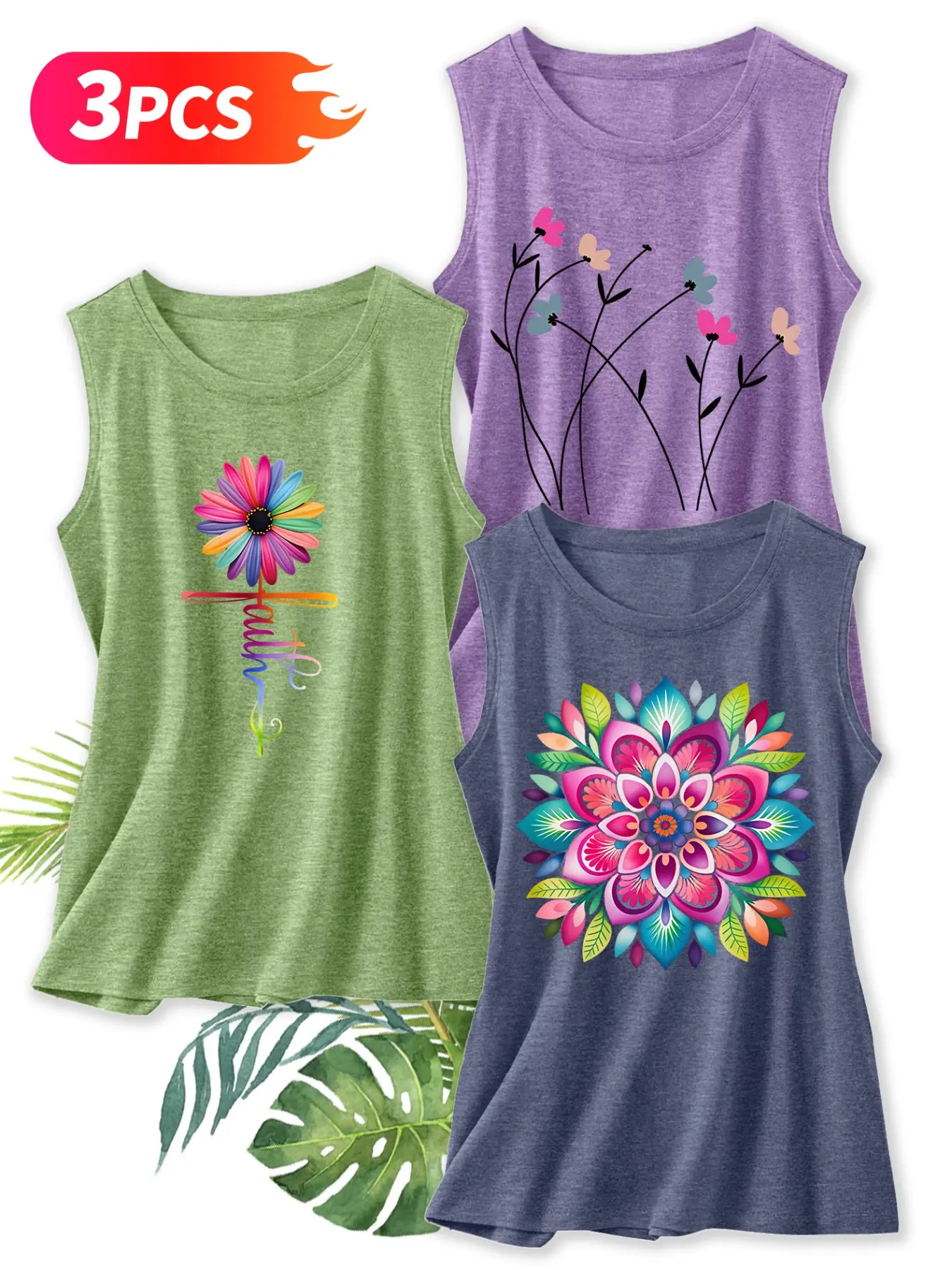 3Pcs Women Crew Neck Tank Top, Rainbow Daisy Faith Wildflower Mandala Colorful Floral Print, Breathable Soft Daily Basic Sleeveless Top