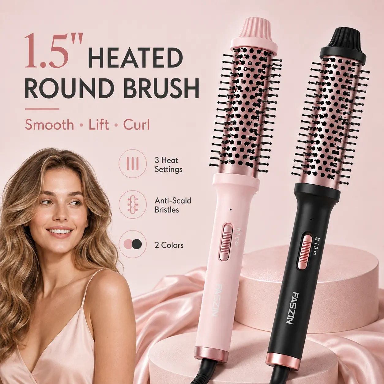 1.5 Inch Heated Round Brush, Volumizing Thermal Styling Brush with Negative Ion Tech, Comfort Hair Curler for Salon Blowout, Root Lift, Soft Curls & Smooth Ends, Anti-Scald Bristles, 3 Heat Settings, Curling & Straightening Brush for Women