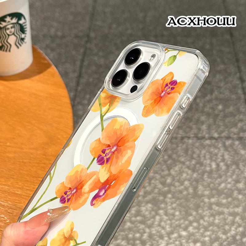 Magnetic Compatible Case for iPhone 16 E Pro Max 15 Plus 14 13 12 11 XS XR, Cute Orange Orchid Watercolor Design | Shockproof, Stylish, Girly, Scratch Resistant, and Silicone Protection