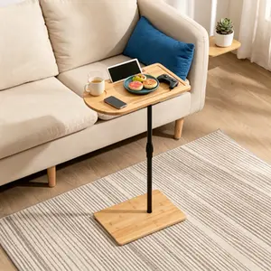 Adjustable Height Bamboo Couch Tray Side Table, C-Shaped Rotatable End Table with Cup & Tablet Slot, Heavy Duty Freestanding Sofa Snack Table for Living Room Bedroom Bed Chair, Farmhouse Portable TV Dinner Tray Stand