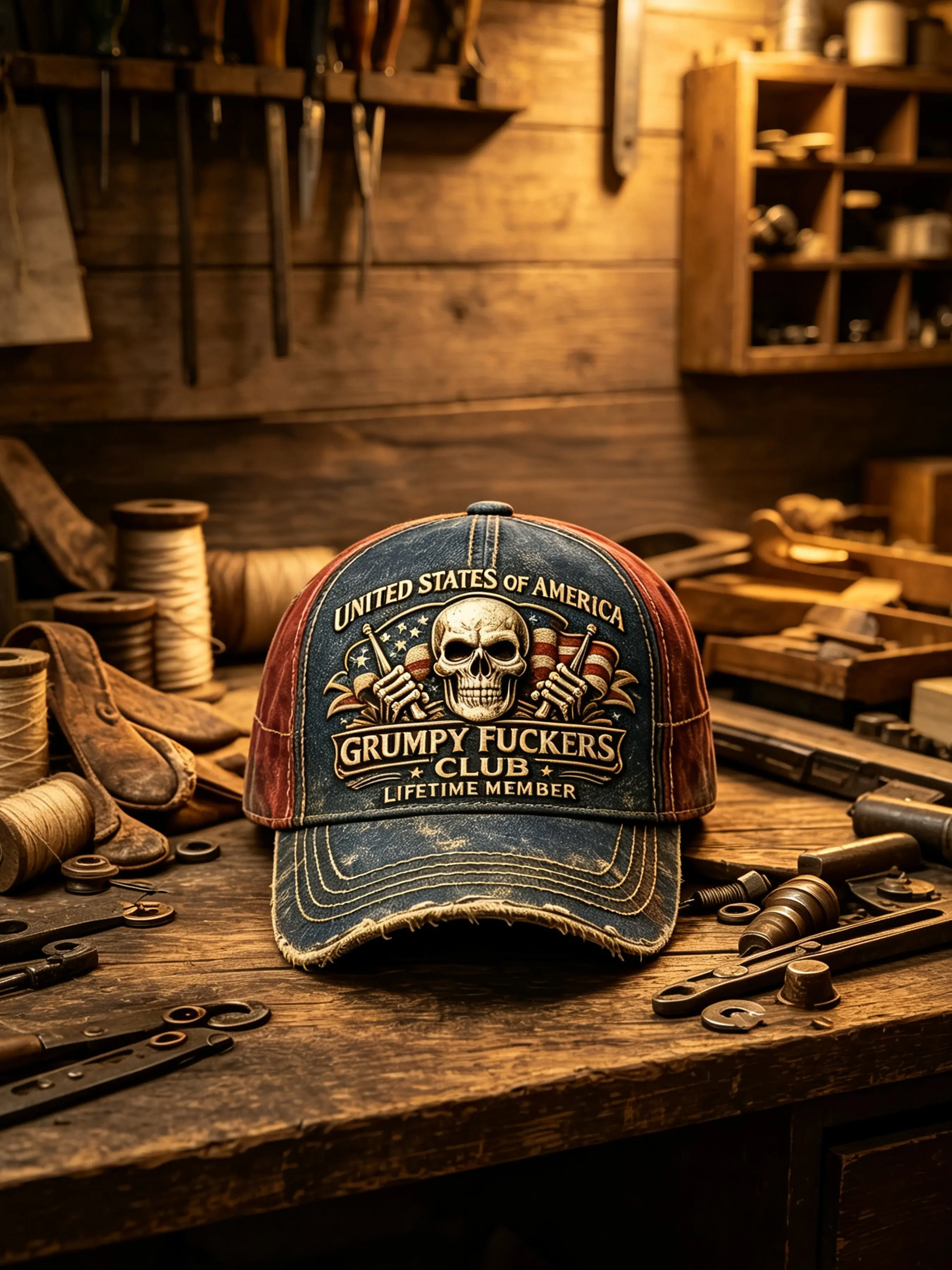 Vintage Baseball Cap for Men, Usa Skull and Flag Print, Adjustable Loose-Fit Hat, Patriotic Gift for Riders and Patriots