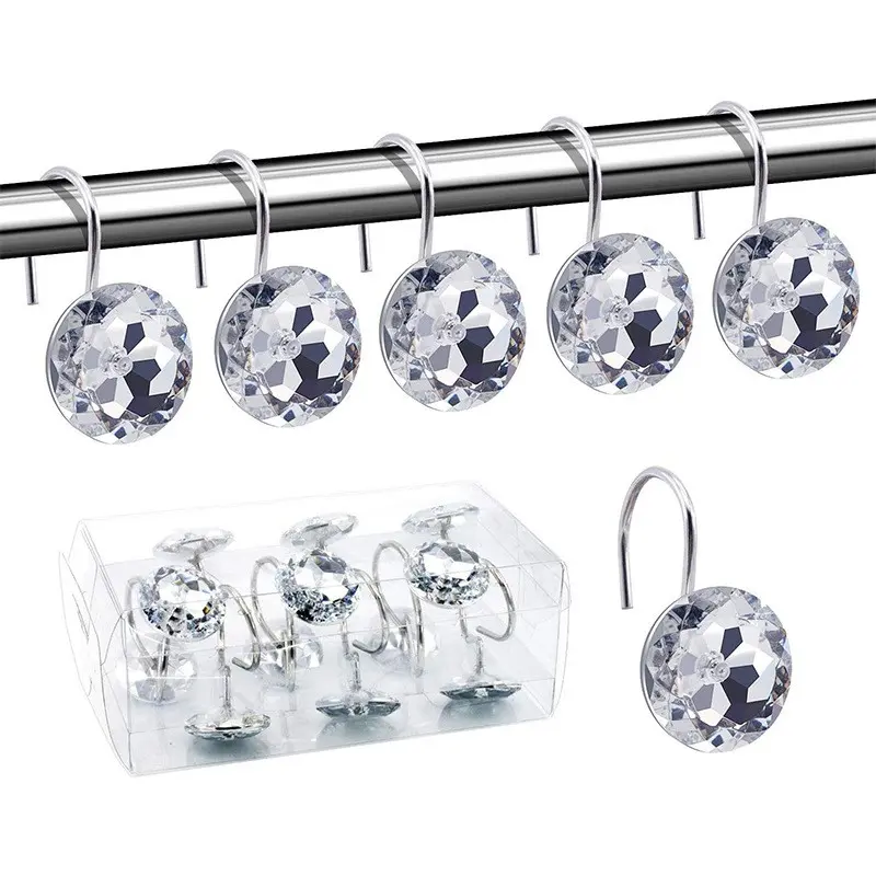12 Stainless Steel Shower Curtain Hooks with Decorative Clear Acrylic Gem Decor, Elegant Bathroom Accessories, Fashionable Hooks, Luxurious Shower Liner