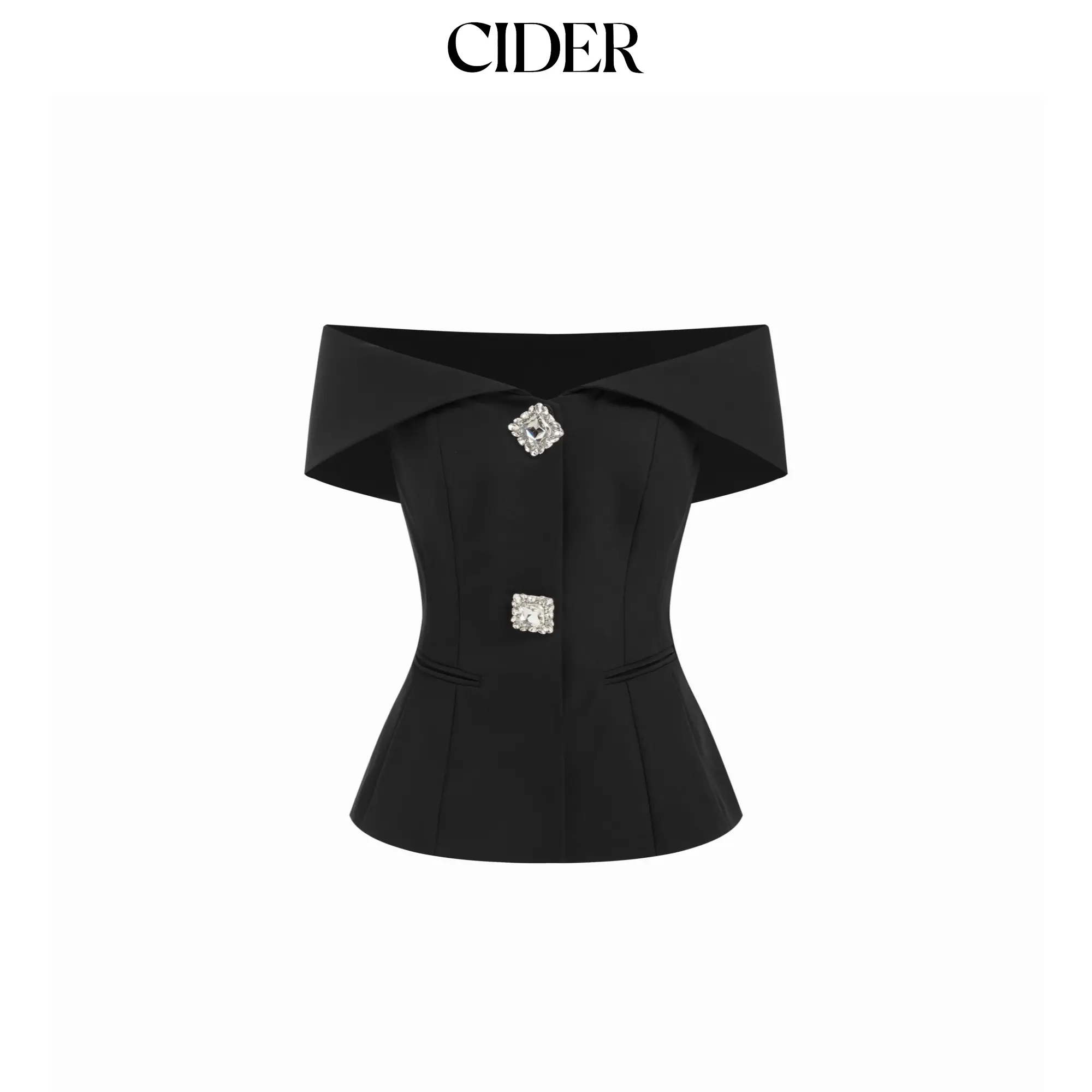Cider Off-shoulder Houndstooth Collar Rhinestone Detail Cinched Waist Blazer