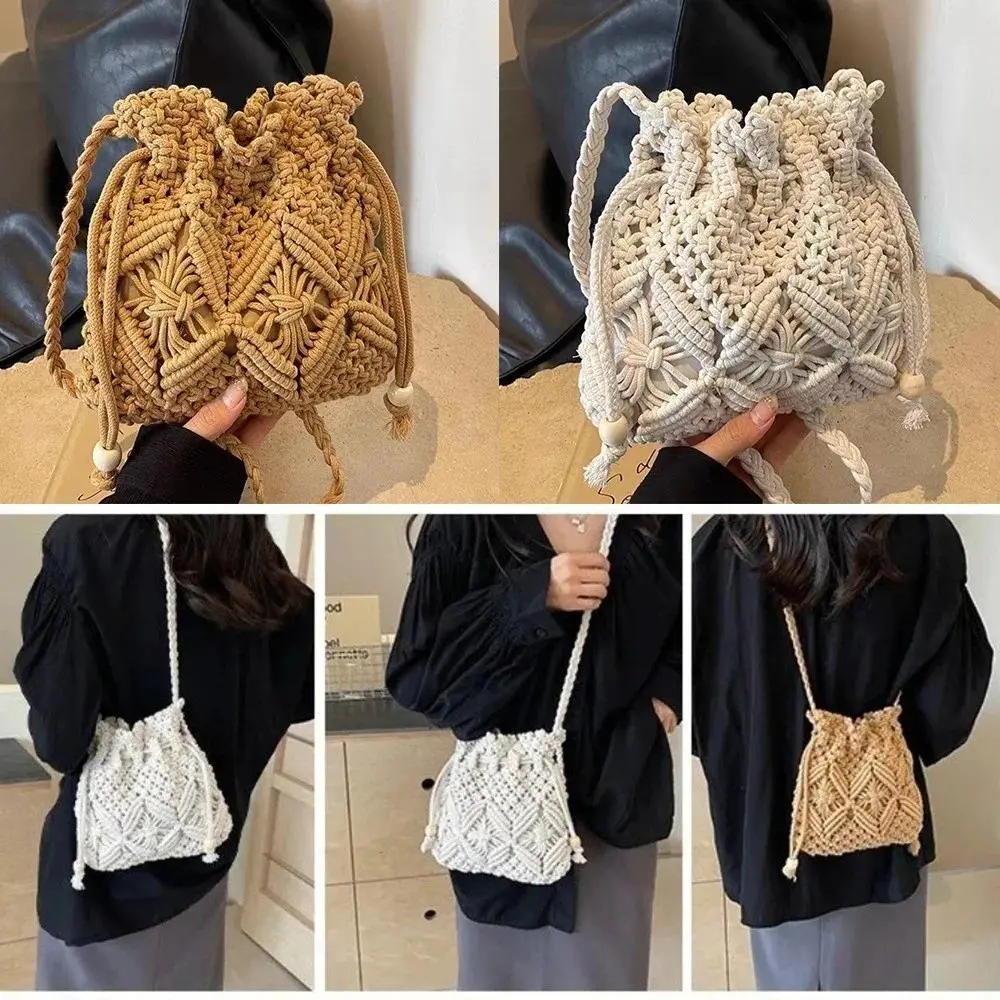 Natural Straw Woven Straw Bag​​ Large Capacity Macrame Bucket Bag​​ Handmade Lightweight​​ ​​Crossbody Bag​​