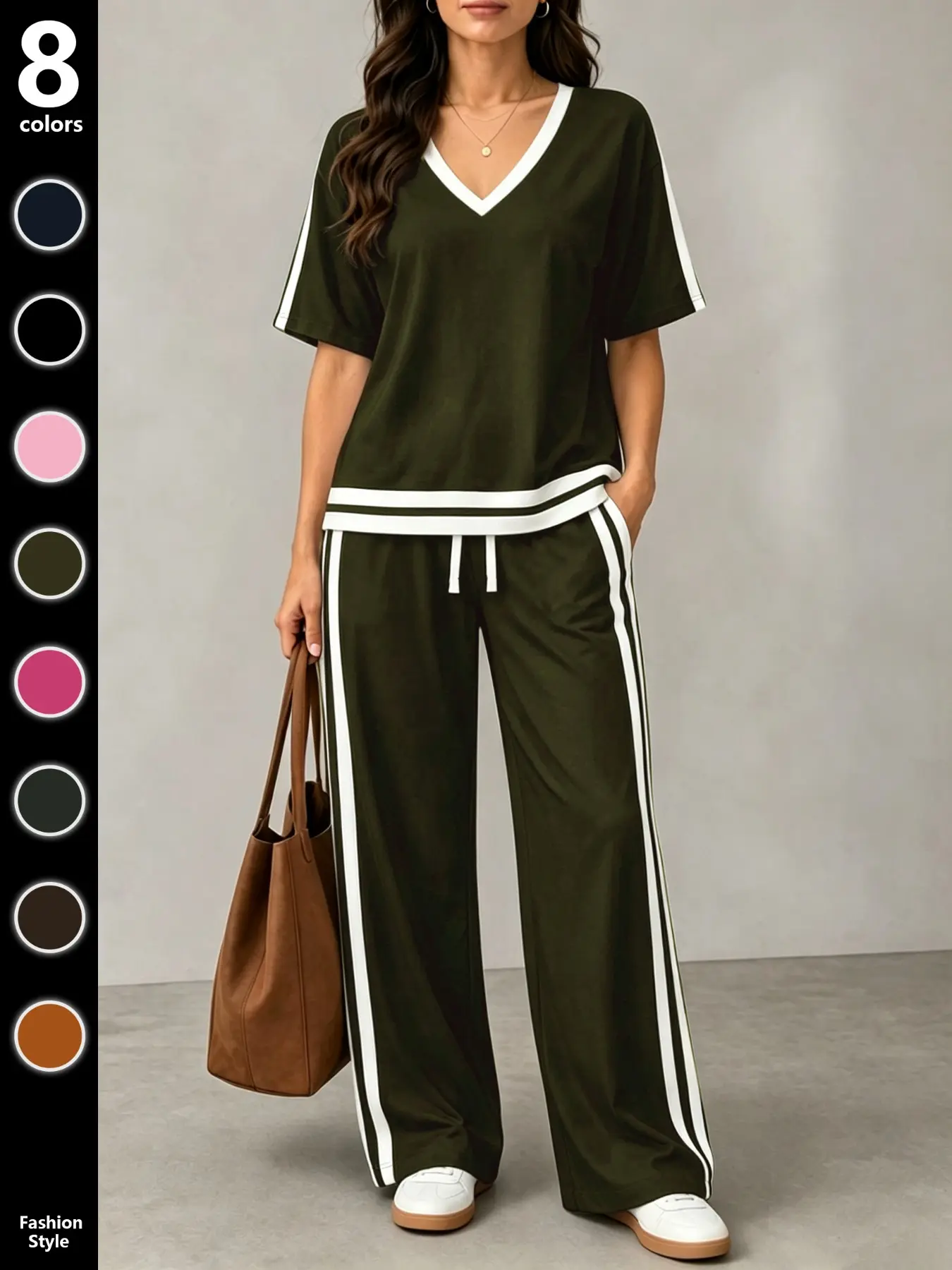 Women's Casual Sportswear Set, Plain V-Neck Short Sleeve T-Shirt and Contrast Stripe Long Pants, All Seasons Fashion, Sports Activewear Set