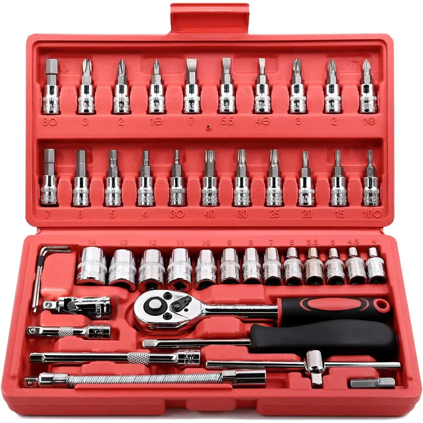 46 count 1/4 inch Drive Socket Ratchet Wrench Set, with Bit Socket Set Metric and Extension Bar for Auto Repairing and Household, with Storage Case