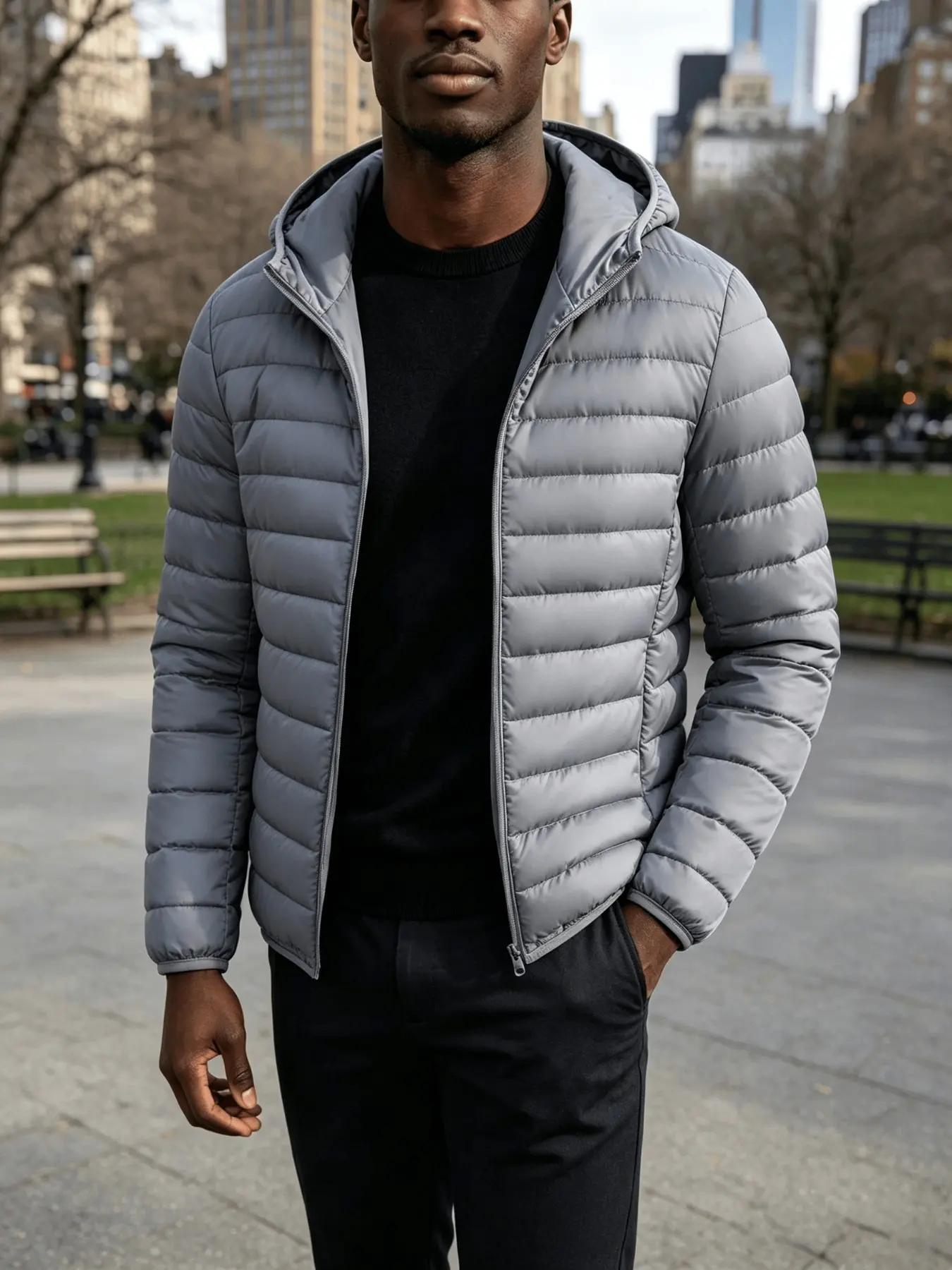 Men's Solid Color Hooded Lightweight Jacket, Zipper Quilted Padded Coat, Windproof Warm Winter Loose Fit Casual Commuter Jacket, Lightweight Puffer Jacket