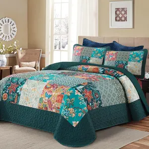 DJY Patchwork Set Queen Size 3 Pieces Green Floral Bedspread Coverlet Set, Boho Turquoise Rustic Lightweight Reversible Bedding for All Season (96''x90'')