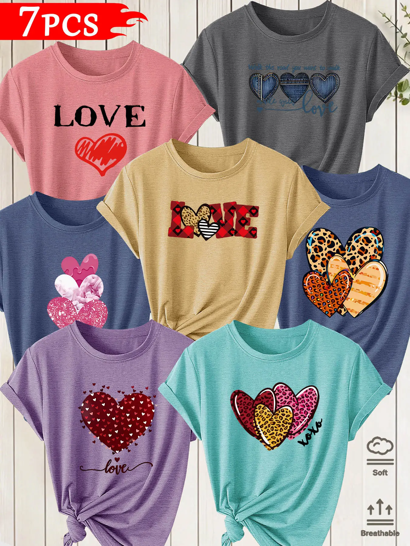7Pcs Women's Crew Neck Short Sleeve T Shirts, Various Heart Element Prints, Multiple Colors To Choose, Machine Washable Spring Summer Tops, Soft Skin-Friendly Fabric, Daily General Wear, Fashion Casual Matchable Women Tops