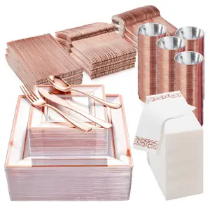 175/350pcs Rose Golden Dinnerware Set Suitable for 25/50 Guests - Complete Plates, Napkins, Cups & Cutlery Tableware for Parties, Weddings, Birthdays, Showers - Plastic Plates with Rose Golden Square Plates for Events