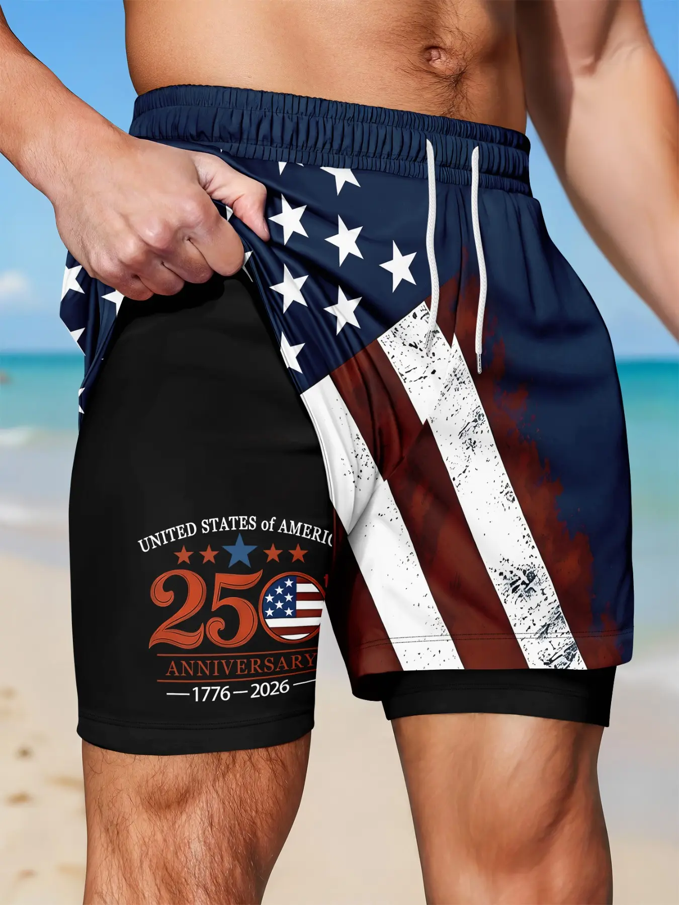 Men's Two-In-One Quick-Dry Beach Shorts, USA 250th Anniversary Flag Print Drawstring Casual Drawstring Swim Shorts, Swimwear Shorts, Swimsuit Shorts, Quick Dry Trunks