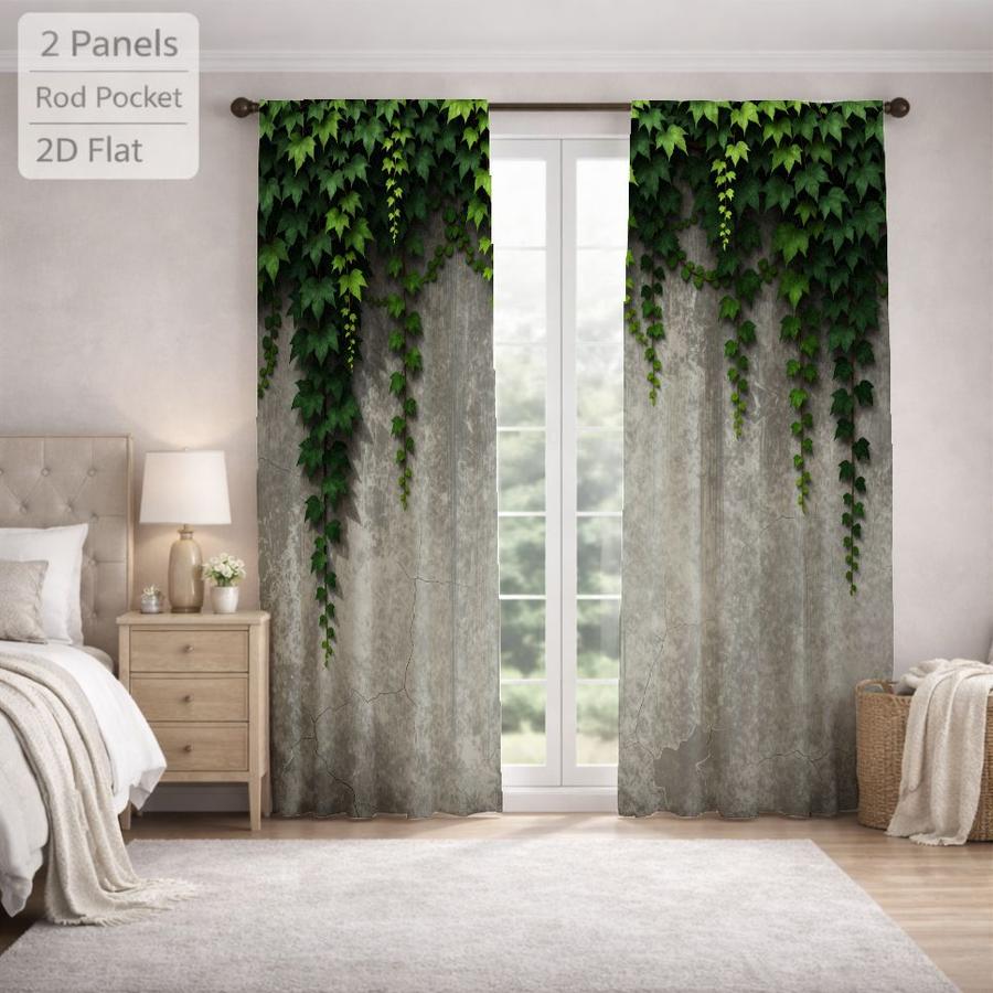 2Pcs Rustic Green Vine Leaf Concrete Wall Pattern Sun Blocking Curtains Digital Printed Rod Pocket, Window Treatment For Bedroom Office Kitchen Living Room Study Home Decor