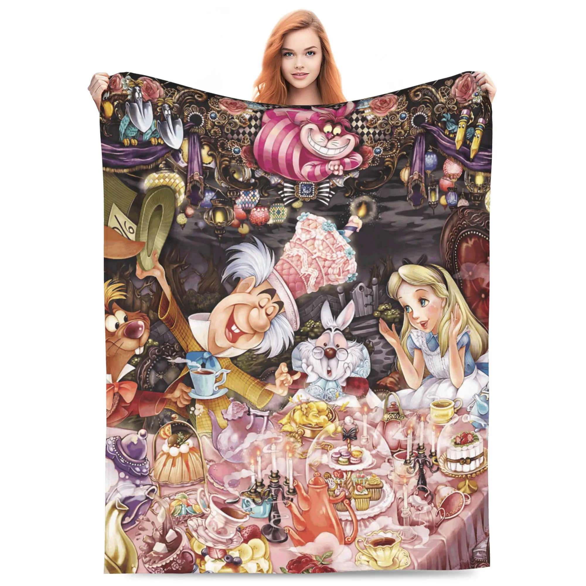 DISNEY CLASSIC Alice in Wonderland Mad Tea Party Throw Blanket, Alice Mad Hatter Cheshire Cat White Rabbit Vintage Tea Dessert Floral Print Flannel Fleece Blanket Soft Cozy Blanket for Sofa Bed Gift for Kids Girls