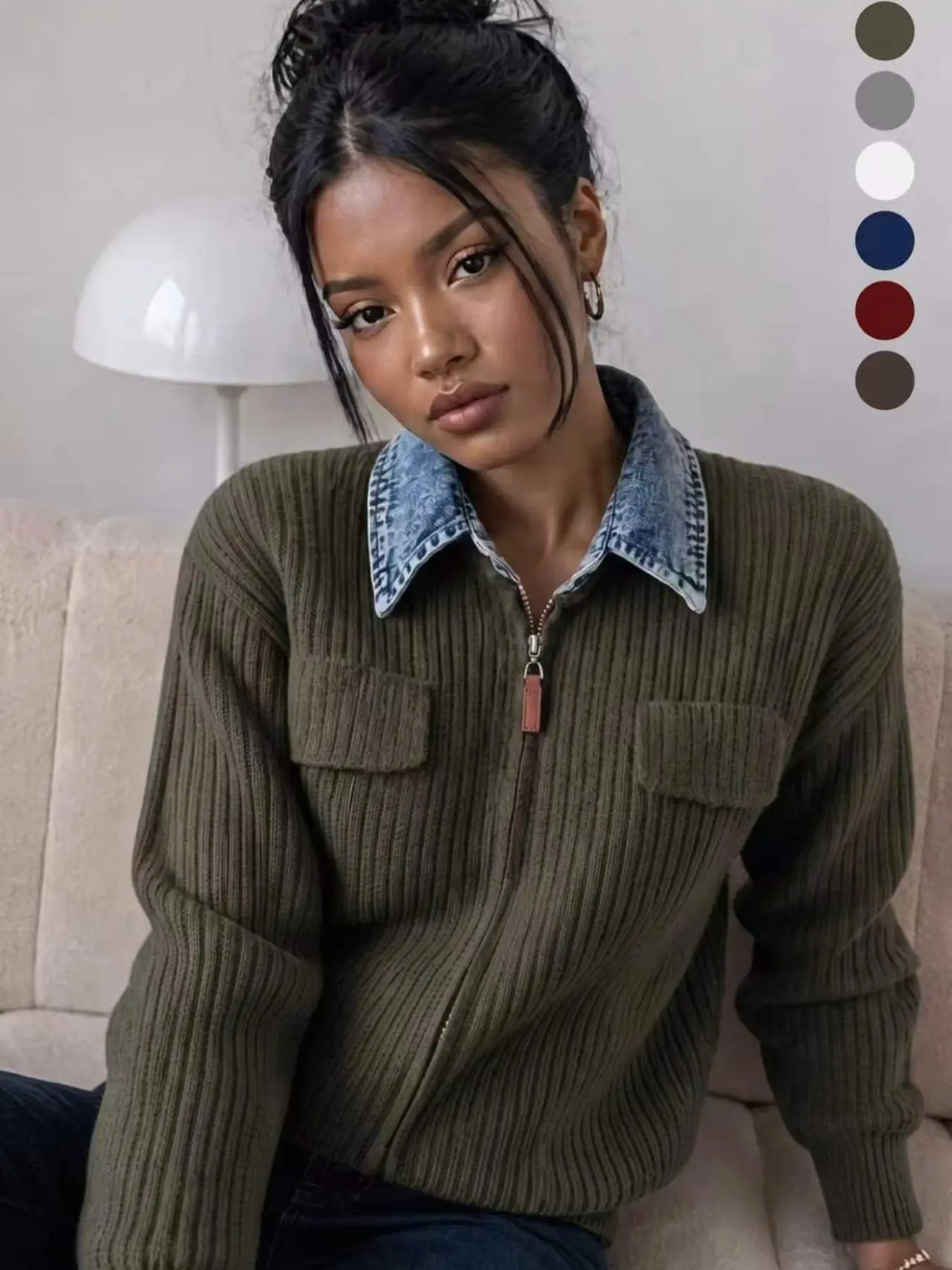 Women's Denim Collar Zipper Knit Jacket, Ribbed Long Sleeve with Pockets, Casual Fall & Winter Knitwear