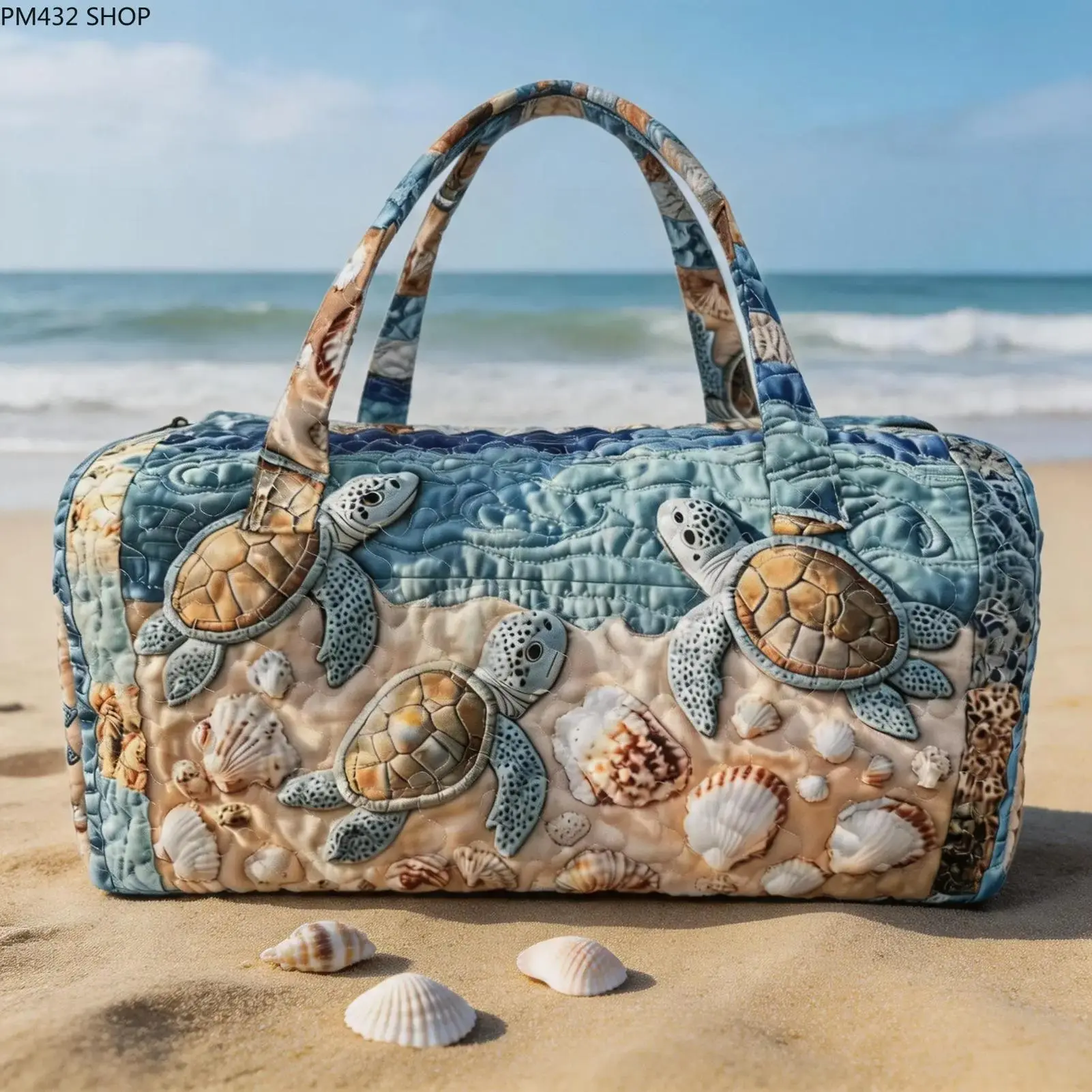 Quilted Ocean Turtle Travel Bag – Large Capacity Beach Shell Printed Handheld Luggage Bag, Stylish Summer Vacation Sports & Fitness Weekend Duffel Bag for Women & Travel Use