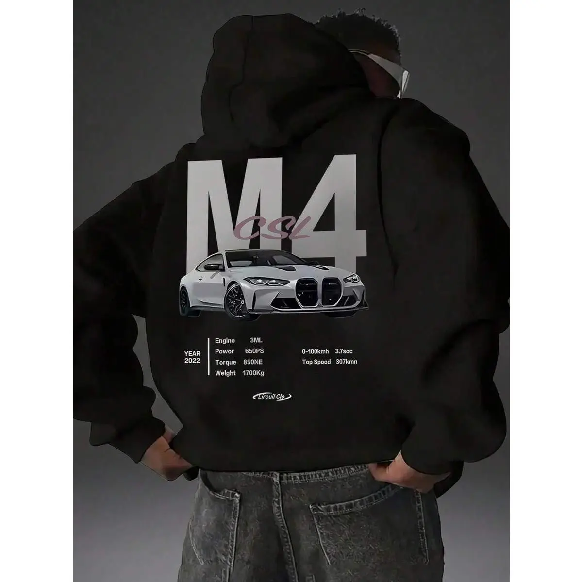 Camvyn Men's Fashionable Versatile Car Print Loose Fit Hoodie Sweatshirt, Street Style
