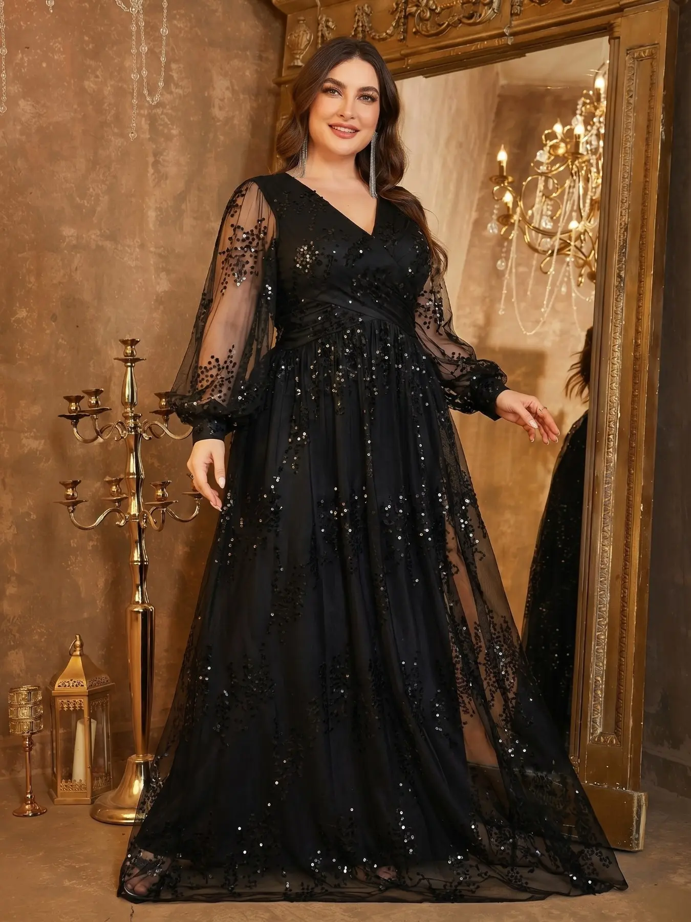 Luxurious Midi Dress with Contrast Sequin, Elegant A-Type Short Sleeve, Fitted Plain Design, Perfect for Weddings and Formal Events