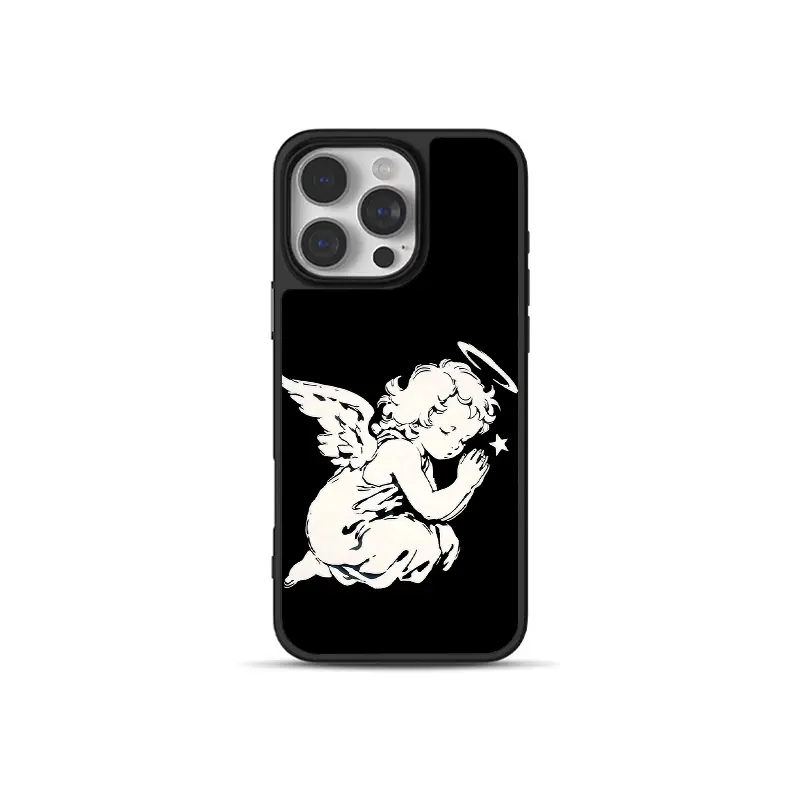 Dark sweet somber vintage sketch praying cherub cupid Phone Case for use with iphone 17 air 16 pro max 15 14 13/12/11 design phone cases for iphone Skin-touch 2-in-1 Bright White Glass Case phone case for girlies and boys aesthetic holographic phone case