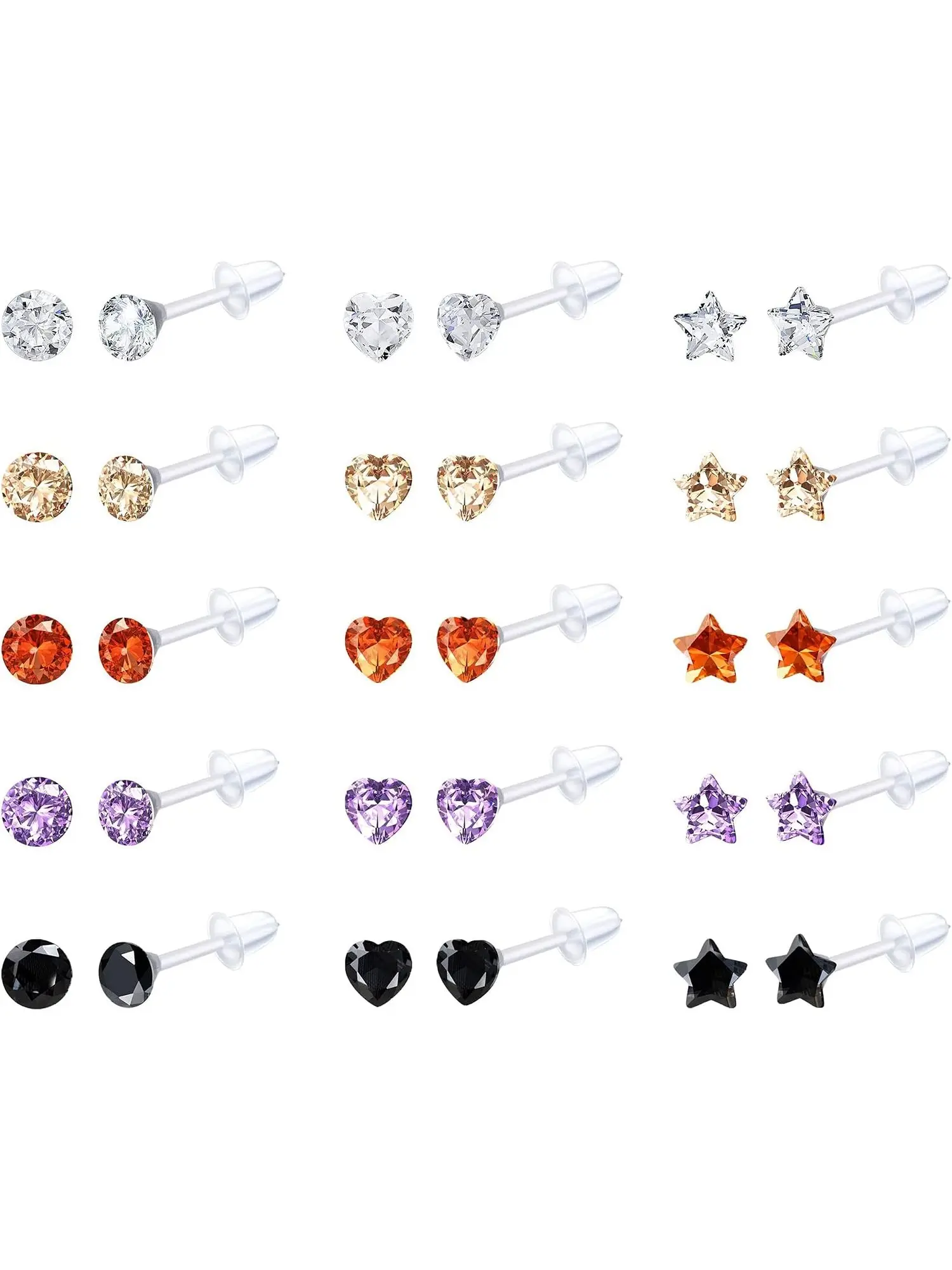 15 Pairs Clear Acrylic Stud Earrings for Women Color Rhinestone Ear Studs Heart Star Plastic Stud Earrings Cubic Zirconia Birthstone Stud Earrings Set 4MM Earring Retainers