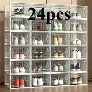 24-piece transparent shoe box with lid, foldable and stackable plastic shoe rack storage box - waterproof, space-saving storage for all footwear - suitable for entrance halls, bedrooms, households, and dormitories