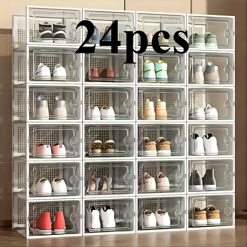 24-piece transparent shoe box with lid, foldable and stackable plastic shoe rack storage box - waterproof, space-saving storage for all footwear - suitable for entrance halls, bedrooms, households, and dormitories