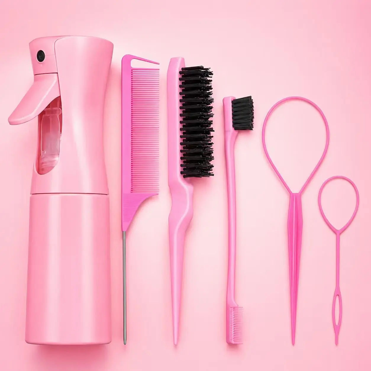 6PCS Hair Styling Kit for Kids & Adults, Gentle Edge Control & Braiding Tool Set with Spray Bottle, Rat Tail Comb, Edge Brush & Styling Tools for Sleek Edges, Braids, Curls & Daily Hair Care, Heatless Curling