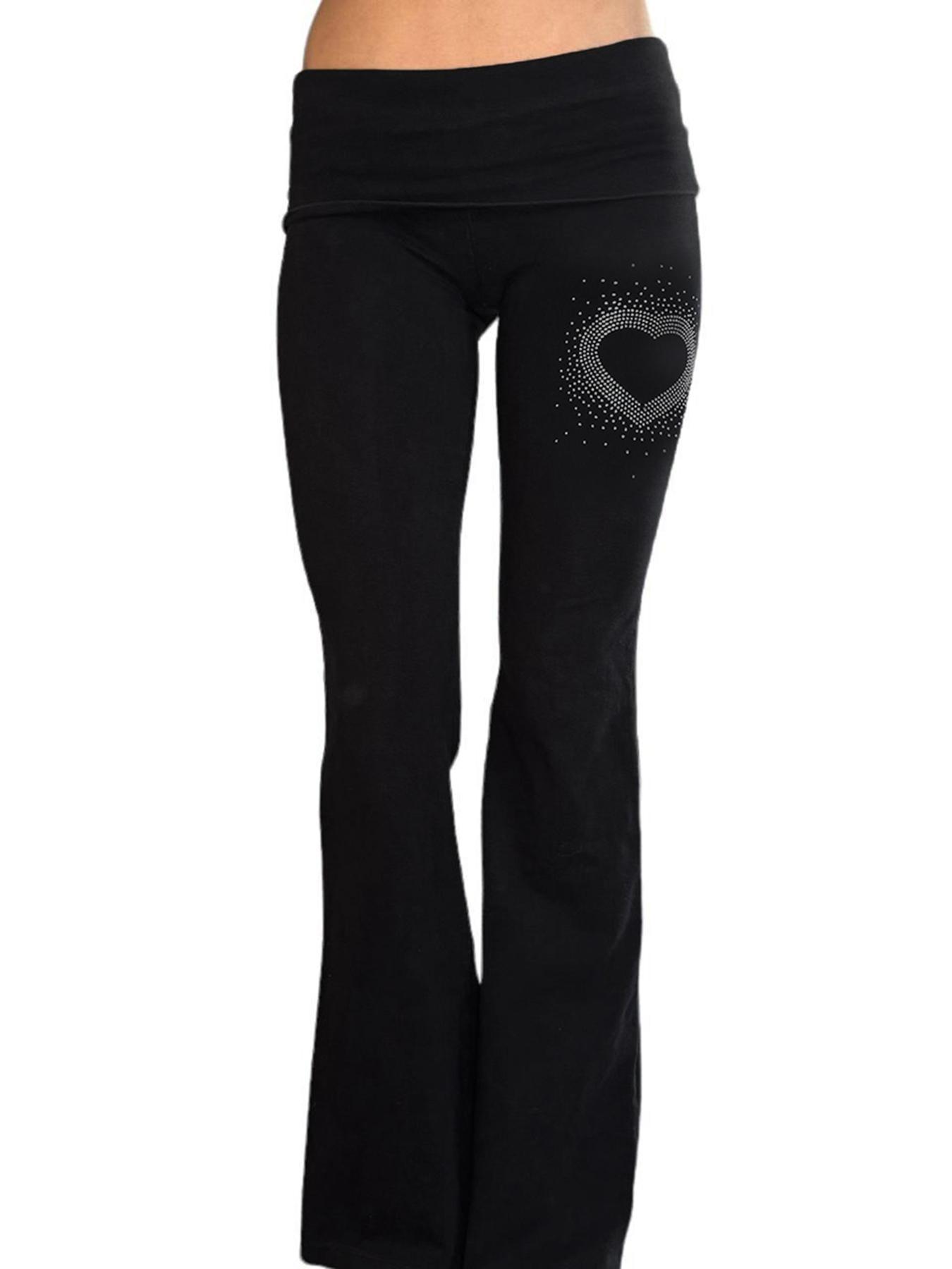 Women's Heart Shaped Rhinestones Flare Leg Pants, Fashion Casual Bell Bottom Trousers for Daily Wear, Ladies Bottoms for All Seasons Fit
