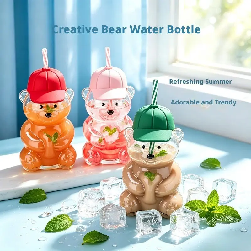 New Cross-Border Small Bear Glass Cup, Large Capacity, High Aesthetic, Cute Baseball Cap, Cartoon Transparent Glass Straw Cup
