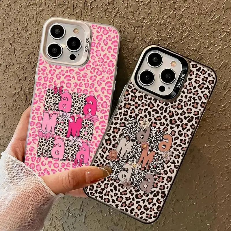 Soft TPU Frame Clear Hard PC Back Phone Case, Retro Leopard Print Mama Letter Floral Bow Aesthetic Shockproof Protective Cover for iPhone 11 12 13 14 15 16 17 Air /Pro Max Protective Case