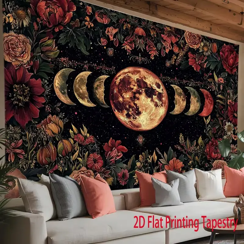 Vintage Moon Phase Wall Tapestry, Home Decor Tapestry, Dark Floral Botanical Starry Night Sky Backdrop, Boho Witchy Gothic Wall Hanging Decor for Bedroom Living Room Dorm, Washable Fabric Art Banner
