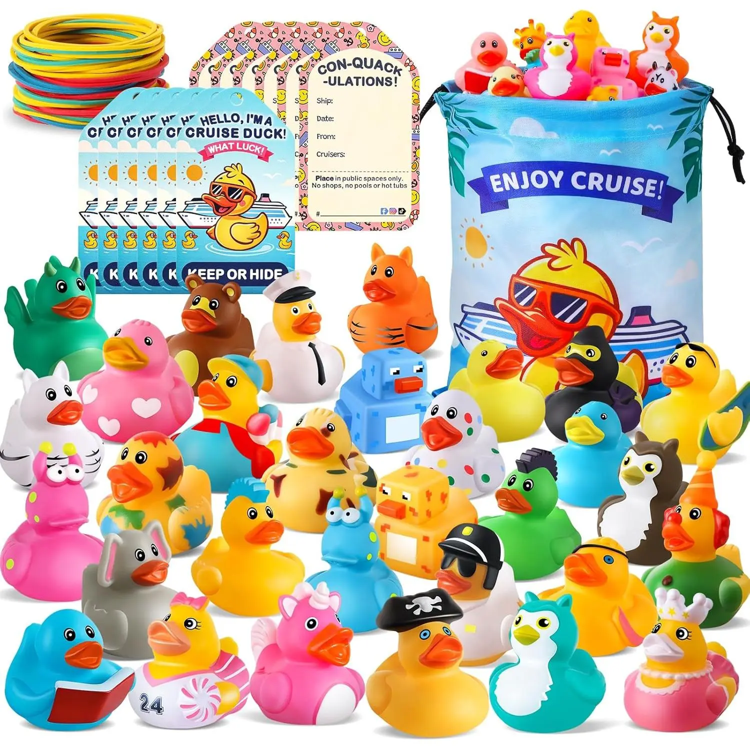 100-Piece Rubber Duck Party Gifts Kit - 30 Ducks, 30 Cruising Tags, 40 Bands, 1 Storage Bag, Bulk Hiding Supplies for Cruise Ships Carnival Essentials (Includes Tags, No Repetitions), 100 Pcs