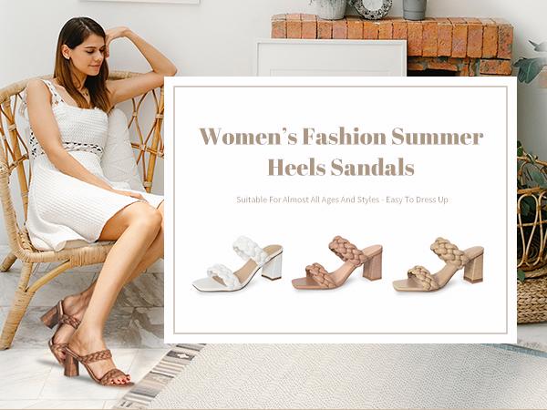 Women's Braided Heeled Sandals Summer Square Open Toe Chunky Block Heels