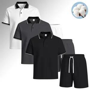 Men’s summer regular-fit cotton short-sleeve polo shirt and cotton shorts set; there are three sets available—Sets 1, Sets 2, and Sets 3. Fashionable casual men’s two-piece set for going out: pants with pockets, elastic waistband and drawstring, suitable