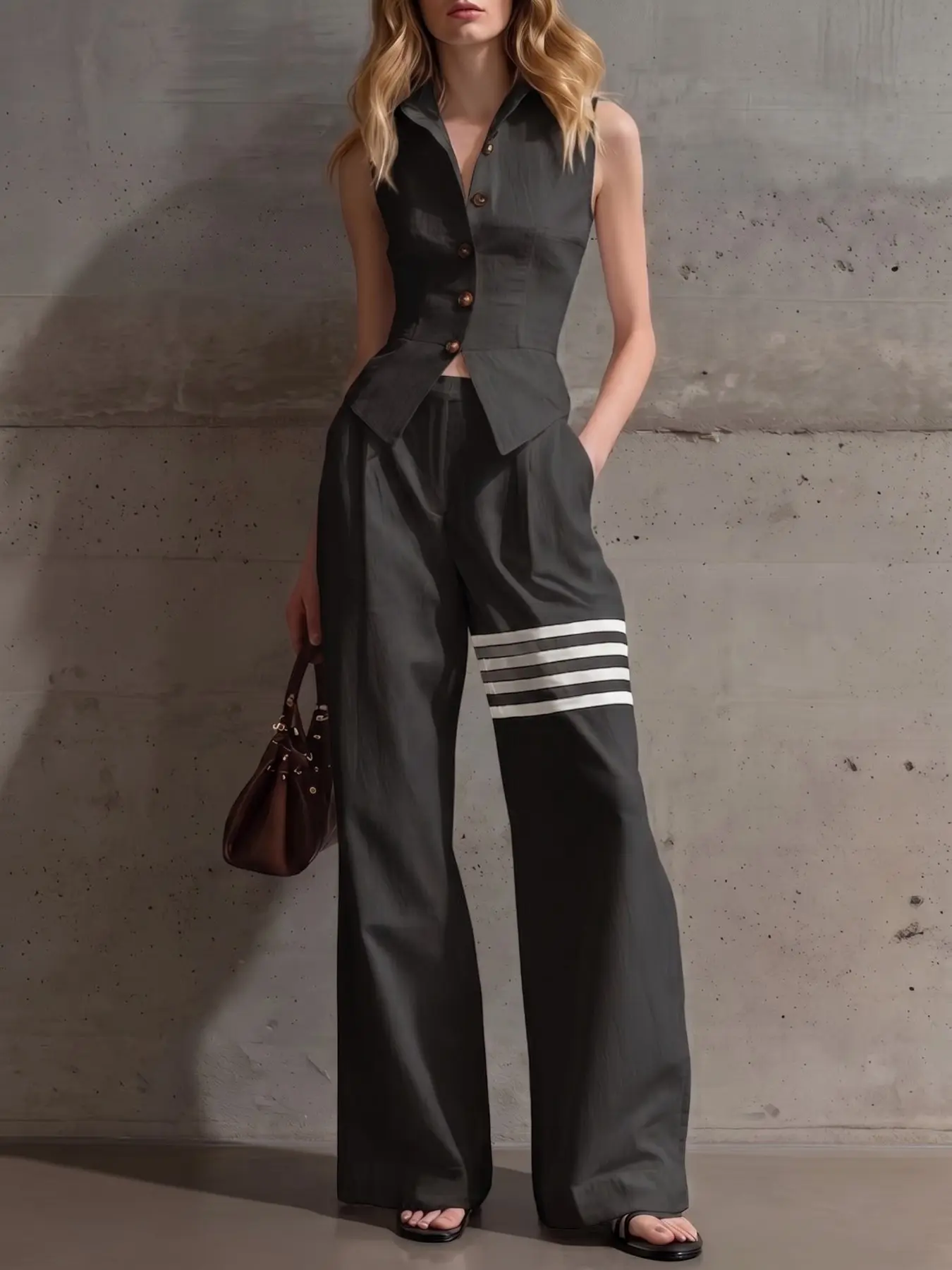 Women's Sleeveless V-Neck Button Front Shirt and Straight Leg High Waist Pants Set, Spring Summer Fashion Casual Comfortable Retro Clothes