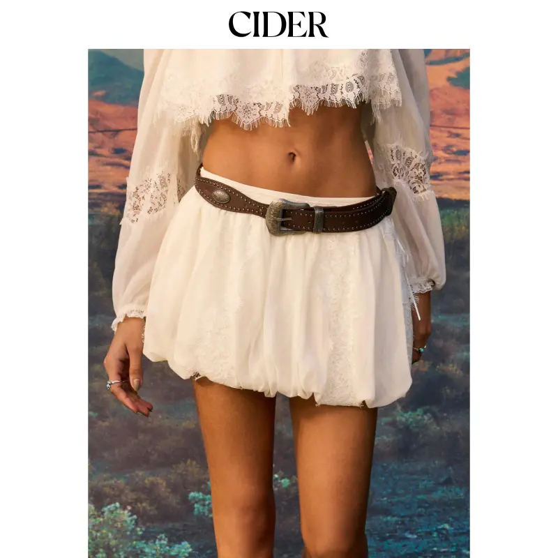 Cider Chiffon Low Rise Lace Panel Bubble Mini Skirt