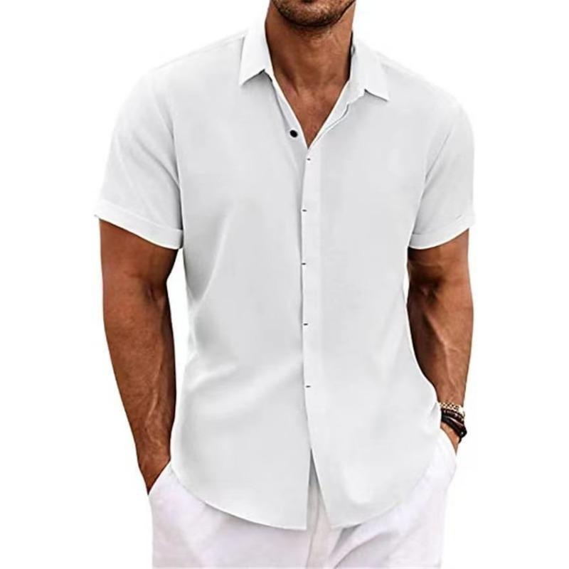 Men‘s Double Placket Cotton Linen Short Sleeve Shirt Premium Solid Color Button Front Summer Top